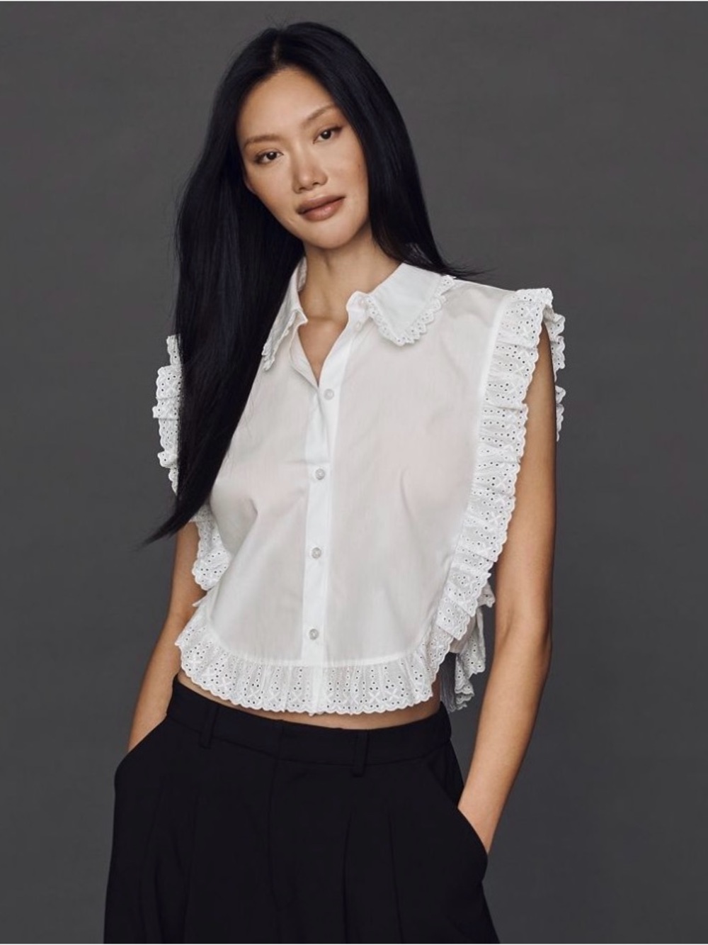 NWT Anthropologie Maeve White Cotton Lace Ruffle Button-Up Blouse SZ XS